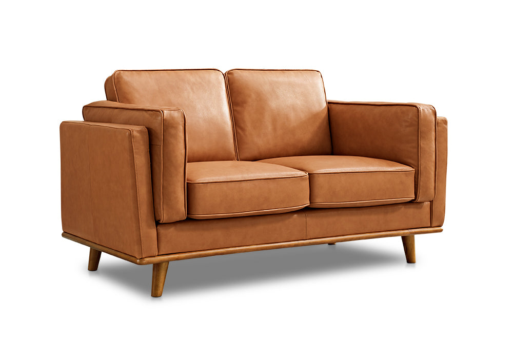 Left Angled Front View of A Modern, Cognac, Loveseat, Leather Artisan Sofa.