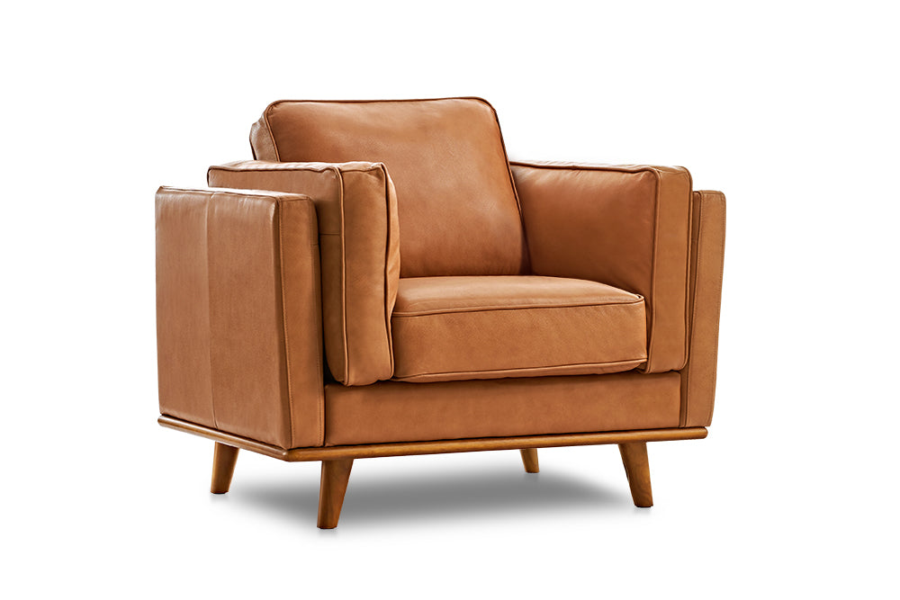 Left Angled Front View of A Modern, Cognac, Single, Leather Artisan Sofa in a White Background.