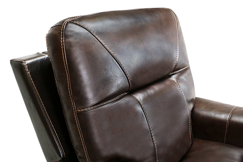 Left Acute Angle Power Headrest's Close-Up View of A Classic, Dark Chocolate, Single Seat, Wood and Steel Frame, Campania Leather Recliner Chair.