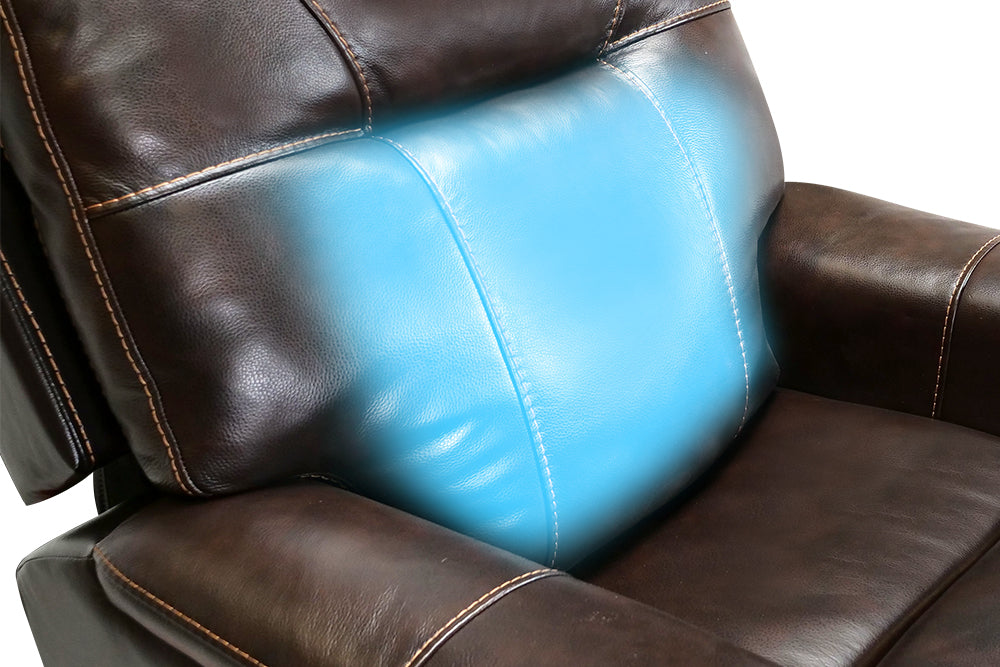 Left Angle Lumber Support's Close-Up View of A Classic, Dark Chocolate, Single Seat, Wood and Steel Frame, Campania Leather Recliner Chair.