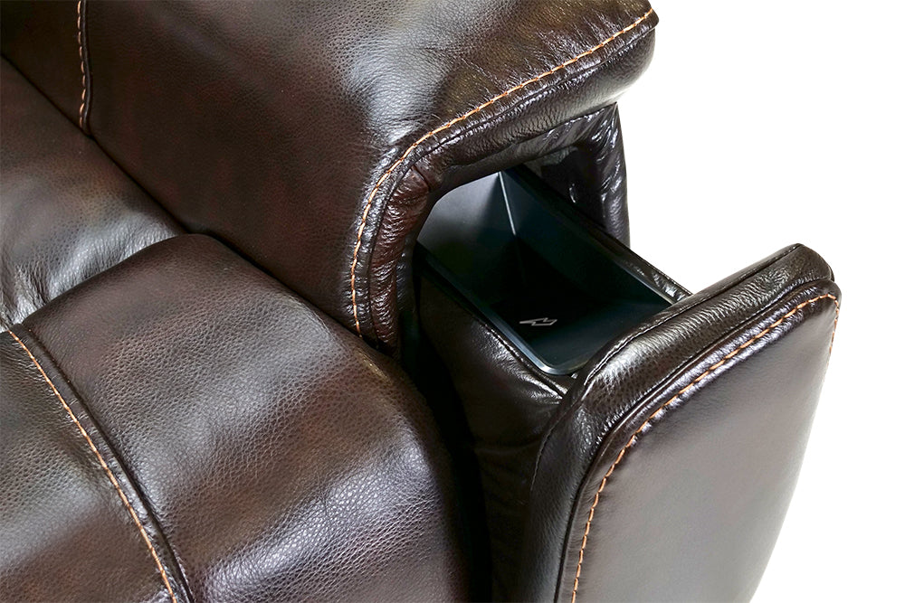 Right-Side Charging Pod's Close-Up View of A Classic, Dark Chocolate, Single Seat, Wood and Steel Frame, Campania Leather Recliner Chair.