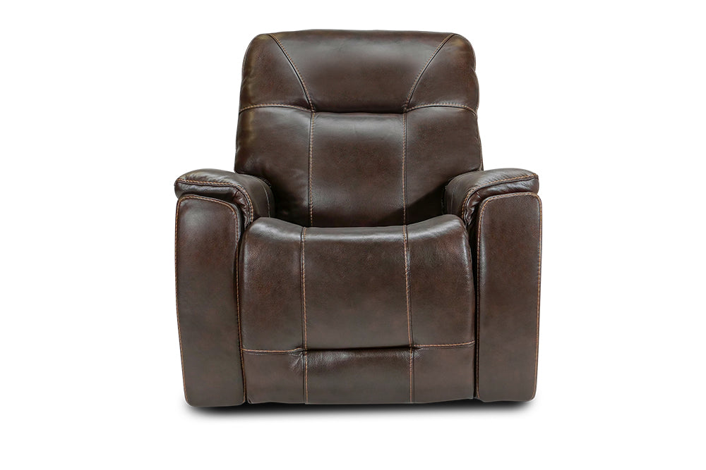 Straight Angle Front View of A Classic, Dark Chocolate, Single Seat, Wood and Steel Frame, Campania Leather Recliner Chair.