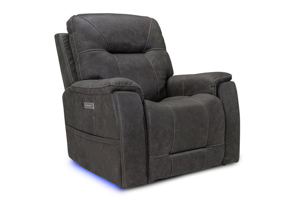 Left-Side's Acute Angle Front View of A Classic, Steel Grey, Single Seat, Fabric Recliner Chair.