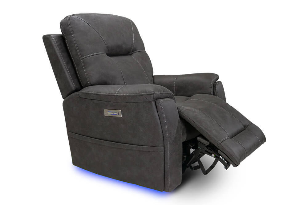 In a White Background, There is Left Acute Angle Recliner Front View of A Classic, Steel Grey, Single Seat, Fabric Recliner Chair.