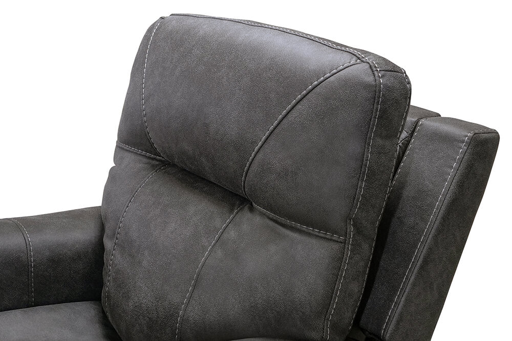 Right Acute Angle Power Headrest Close-Up View of A Classic, Steel Grey, Single Seat, Fabric Recliner Chair.