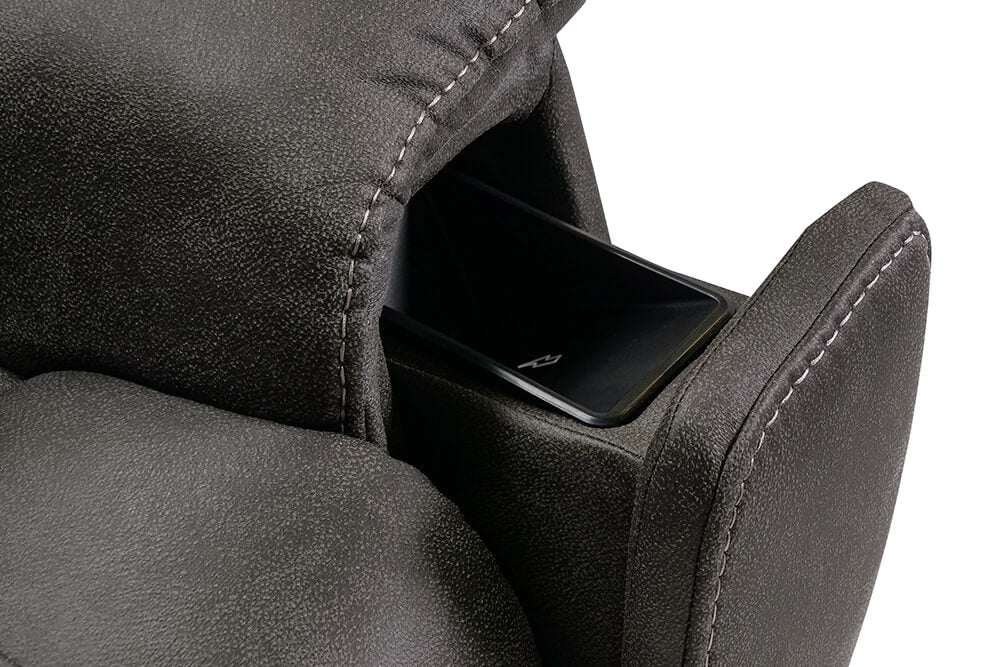 Right-Side's Charging Pod Close-Up View of A Classic, Steel Grey, Single Seat, Fabric Recliner Chair.