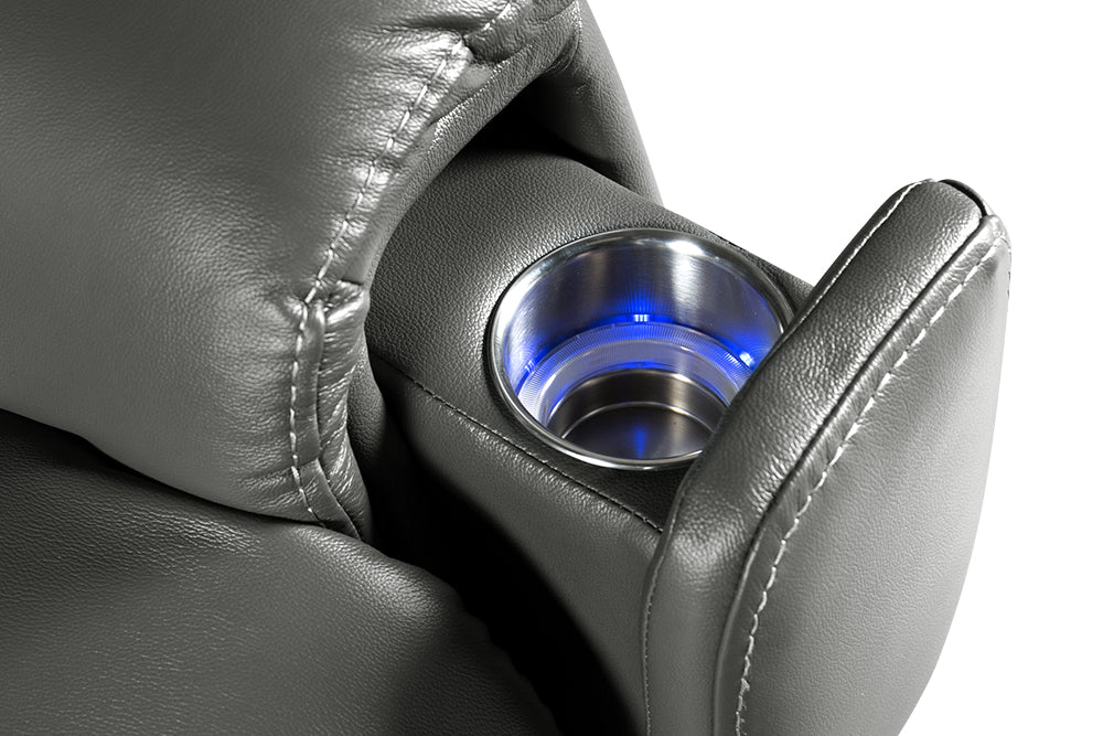 Right-Side Cup Holder's Close-Up View of A Classic, Grey, Single Seat, Wood and Steel Frame, Campania Leather Recliner Chair.