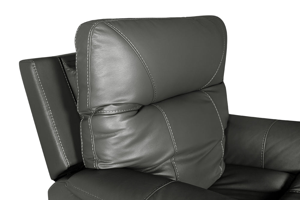 Left Acute Angle Power Headrest's Close-Up View of A Classic, Grey, Single Seat, Wood and Steel Frame, Campania Leather Recliner Chair.