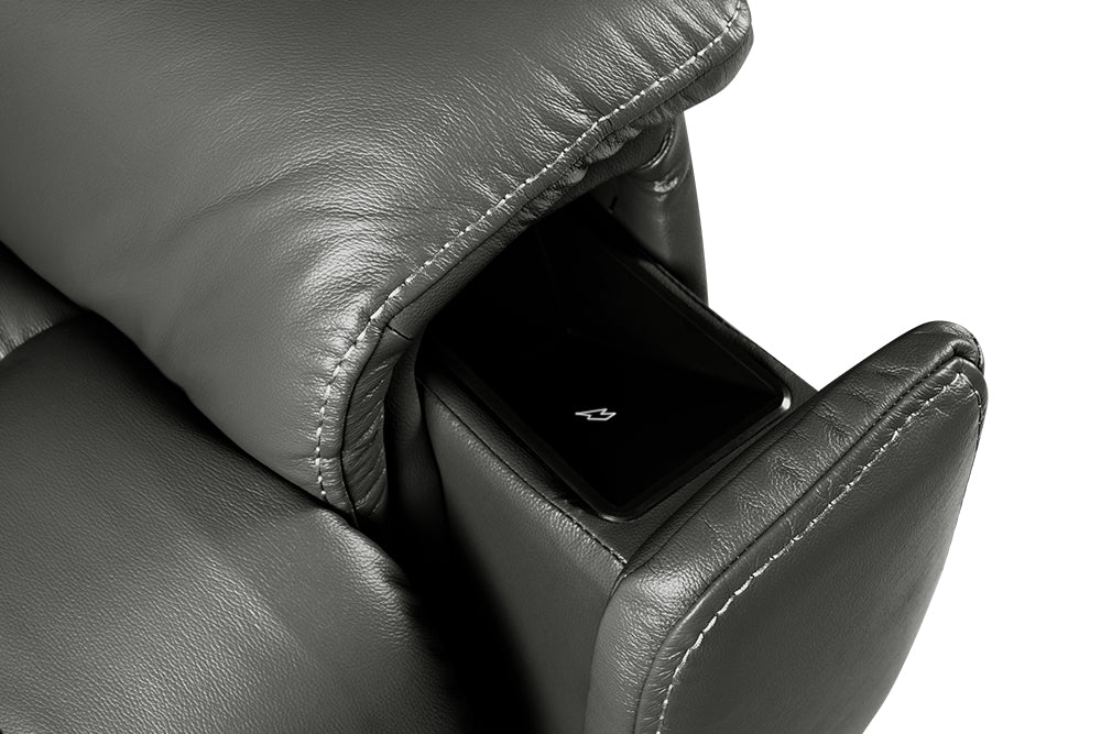 Right-Side Charging Pod's Close-Up View of A Classic, Grey, Single Seat, Wood and Steel Frame, Campania Leather Recliner Chair.