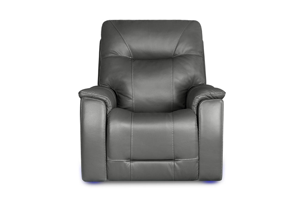 Straight Angle Front View of A Classic, Grey, Single Seat, Wood and Steel Frame, Campania Leather Recliner Chair.