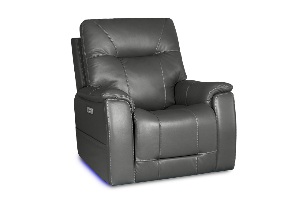 Left Angle Front View of A Classic, Grey, Single Seat, Wood and Steel Frame, Campania Leather Recliner Chair.