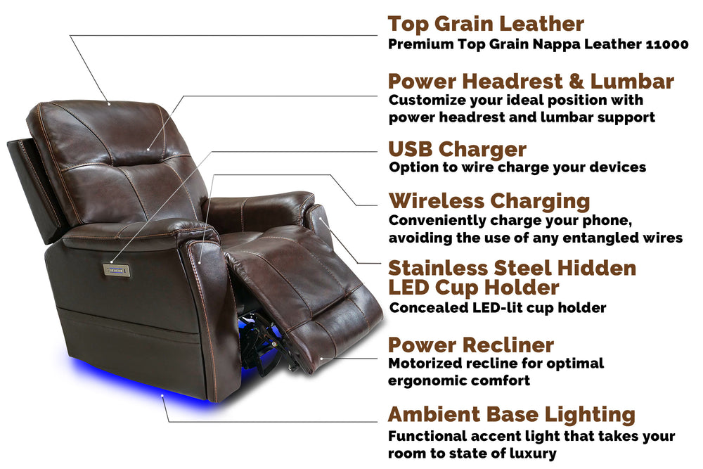 Left Angle Front View of A Classic, Dark Chocolate, Single Seat, Wood and Steel Frame, Campania Leather Recliner Chair with its Parts Instructions Chart.