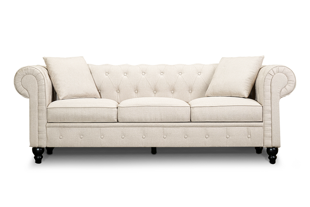 Straight Front View of A Classic, Beige, Three Seats, Cerna Chesterfield Fabric Sofa.