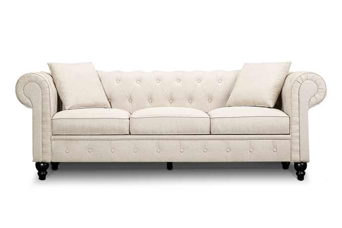 Straight Front View of A Classic, Beige, Three Seats, Cerna Chesterfield Fabric Sofa.