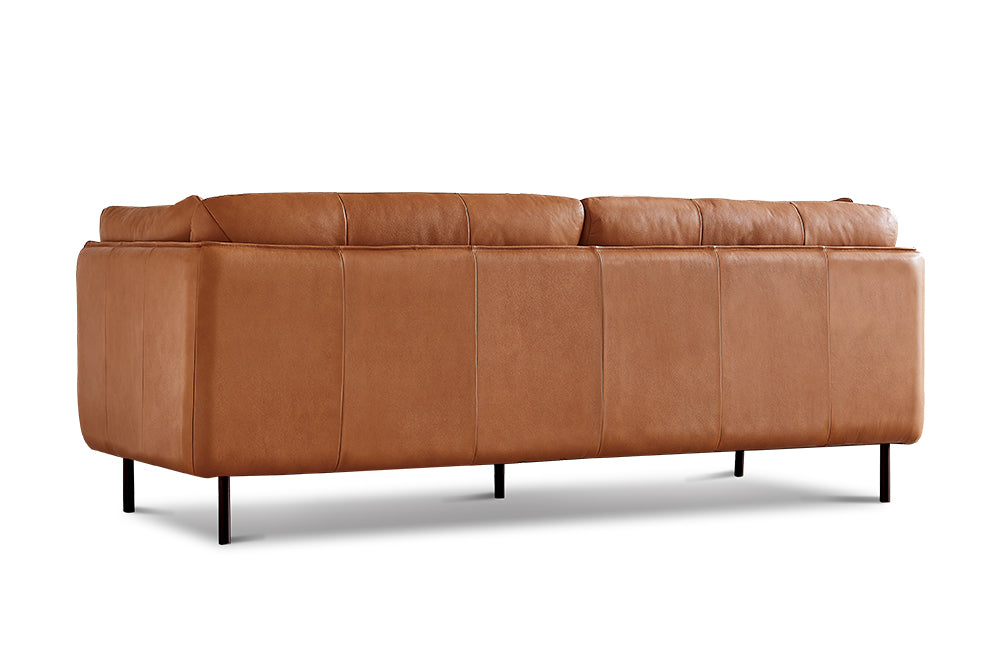 Back-Side, Left Angled View of A Modern, Royal Cognac, Two Seats, Chloe Contemporary Italian Nappa Leather Sofa.