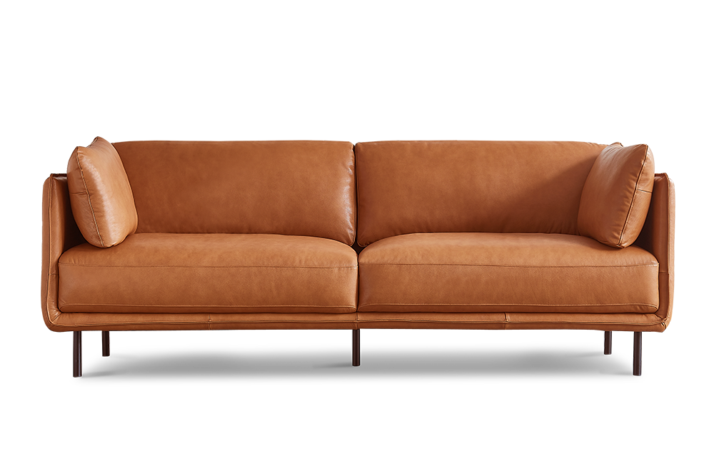 Straight Front View of A Modern, Royal Cognac, Two Seats, Chloe Contemporary Italian Nappa Leather Sofa.