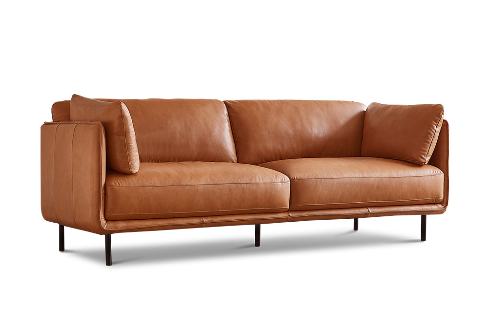 Left-Angled Front View of A Modern, Royal Cognac, Two Seats, Chloe Contemporary Italian Nappa Leather Sofa.