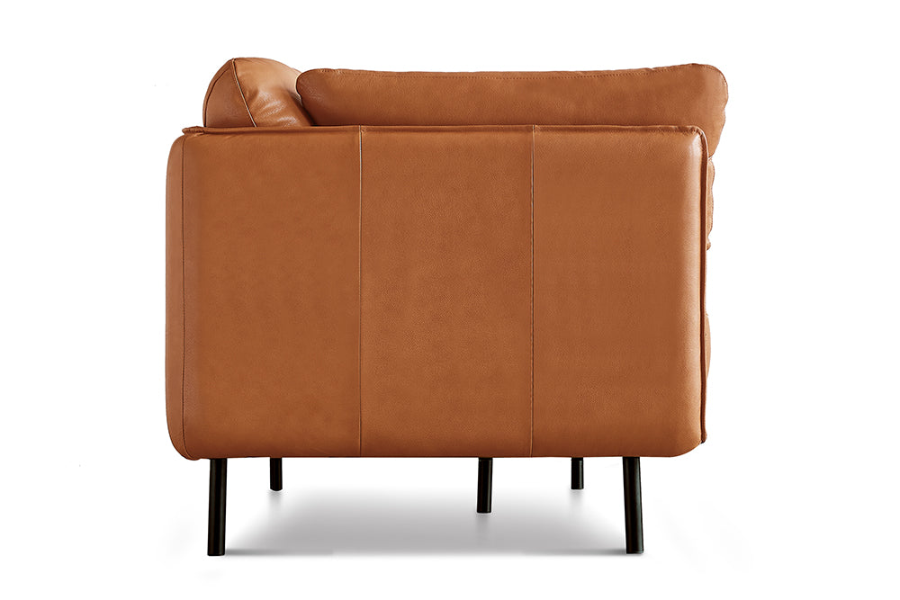 Left-Side Back View of A Modern, Royal Cognac, Two Seats, Chloe Contemporary Italian Nappa Leather Sofa.