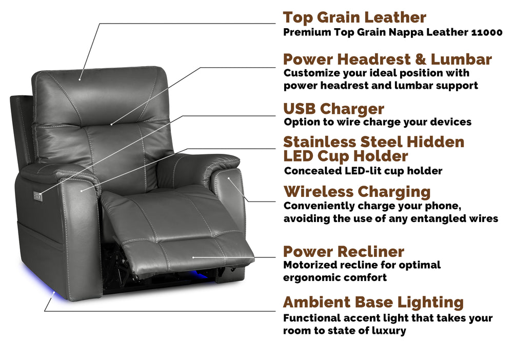 Left Angle Front View of A Classic, Grey, Single Seat, Wood and Steel Frame, Campania Leather Recliner Chair with its Parts Instructions Chart.