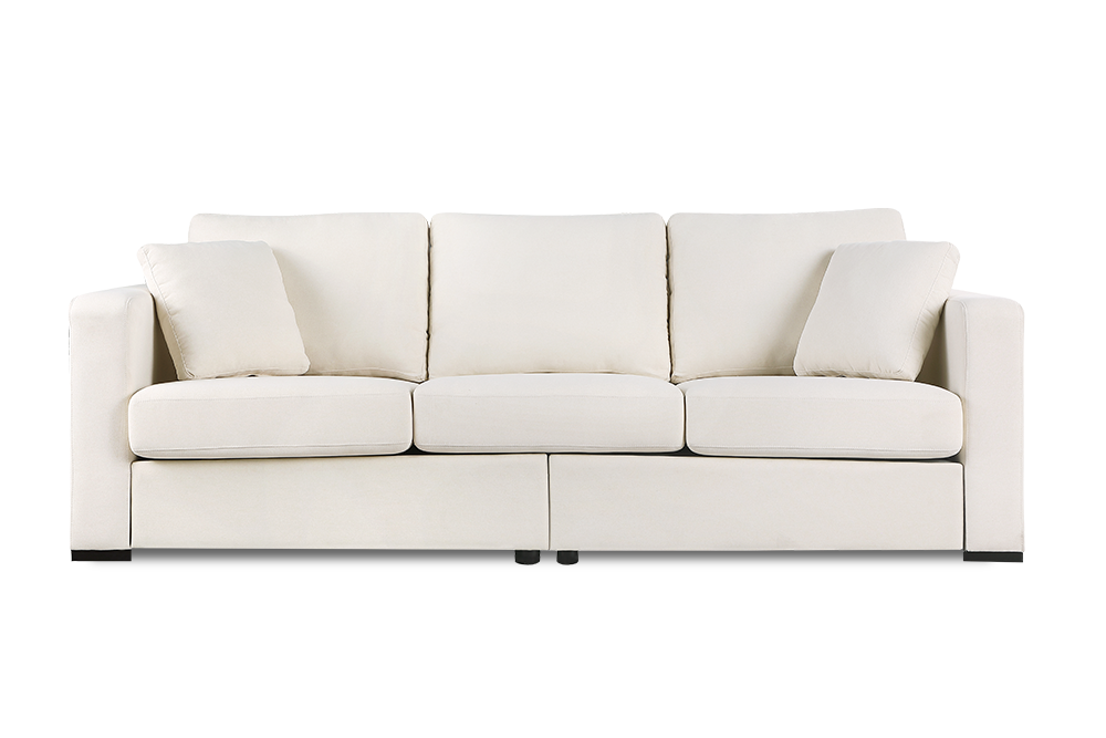 Straight Front View of A Modern, Beige, Three Seats, Eva Modern Fabric Sofa with Two Side Cushions.