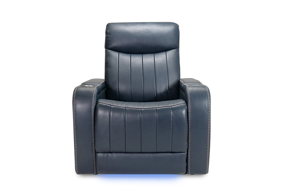 Straight Front View of A Modern, Navy Blue, Single Seat, Leather Recliner Chair.