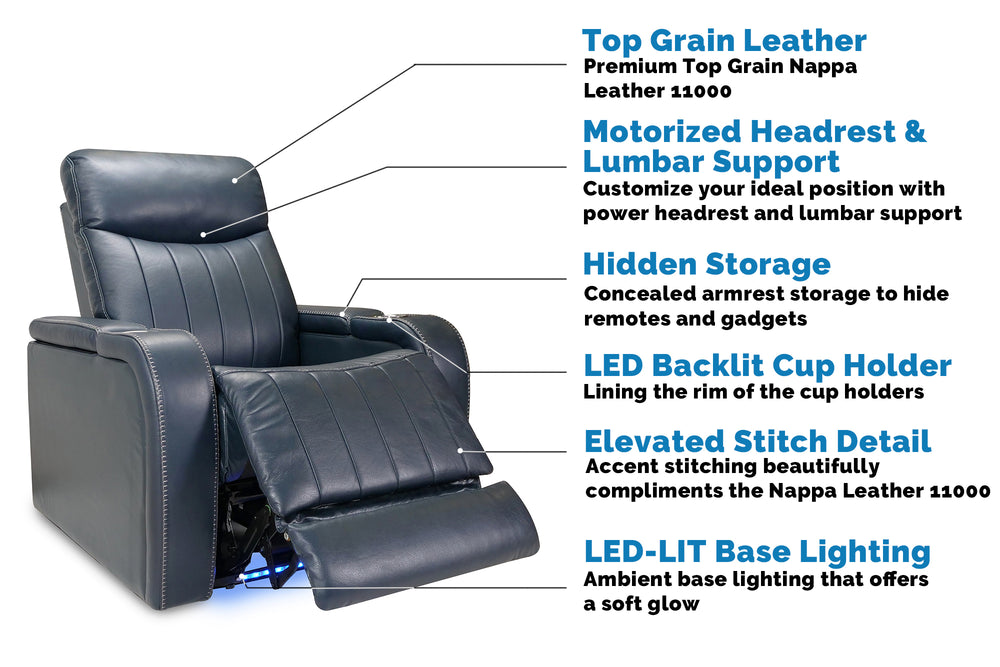 Left Angled Front View Navy Blue Recliner Chair with its Parts Instructions.