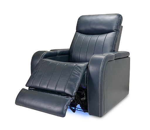Right Angled Front View of A Modern, Navy Blue, Single Seat, Leather Recliner Chair with Recliner On.
