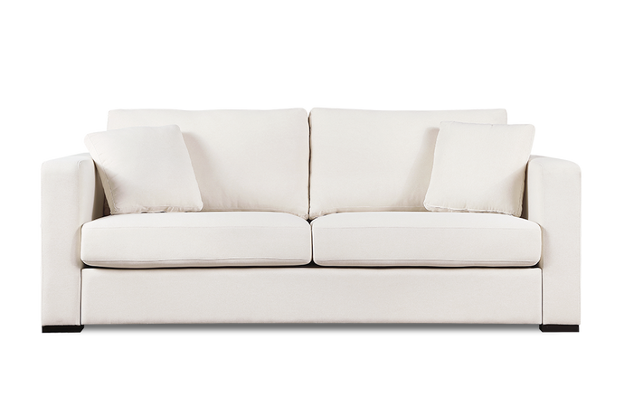 Straight Front View of A Modern, Beige, Love-Seat, Harvard Modern Fabric Sofa with Two Side Cushions.