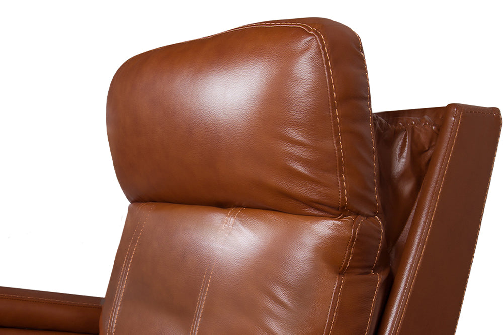Power Headrest Close-Up View of A Luxurious, Walnut Brown, Single Seat, Italian Leather Recliner Chair.