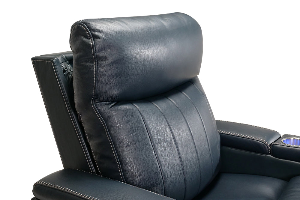 Left Angled Power Headrest Close-Up View of A Modern, Navy Blue, Single Seat, Leather Recliner Chair.