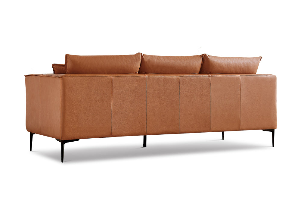 Back-Side Left Angled View of A Modern. Walnut Brown, Three Seats, Top-Grain Premium Leather Contemporary Sofa.