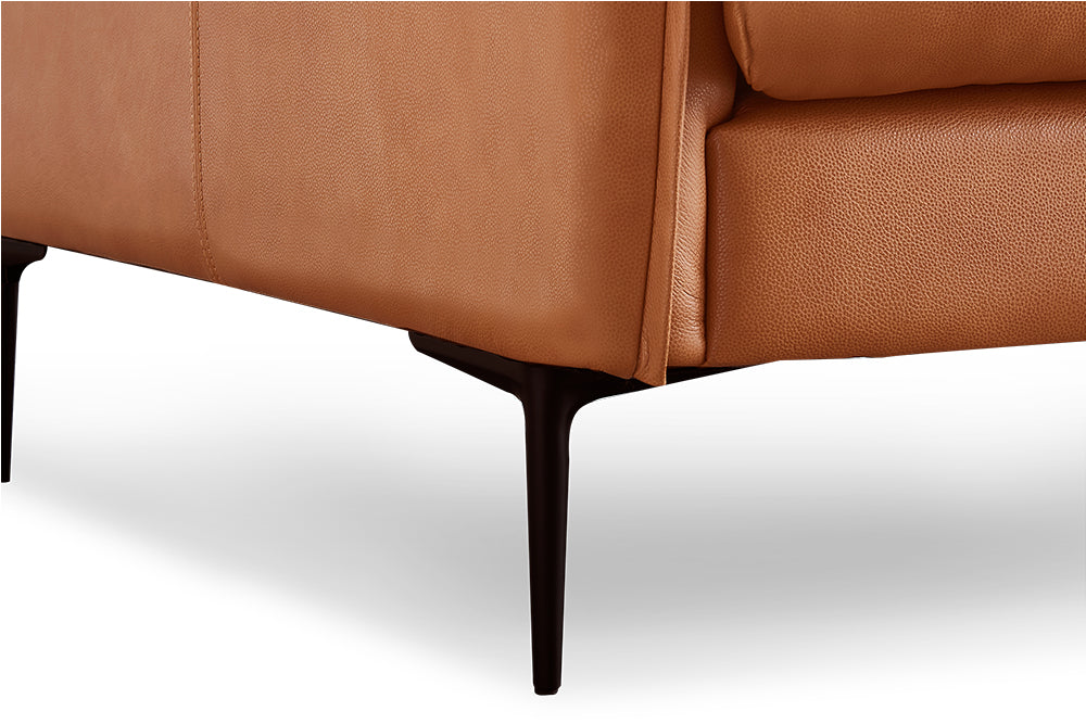 Steel Legs Close-Up View of A Modern. Walnut Brown, Three Seats, Top-Grain Premium Leather Contemporary Sofa.