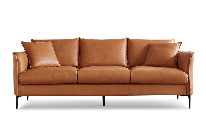 Straight Front View of A Modern. Walnut Brown, Three Seats, Top-Grain Premium Leather Contemporary Sofa.