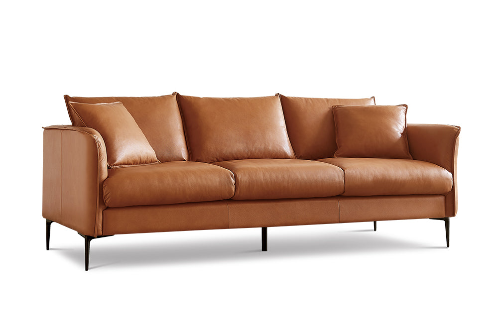 Left Angled Front View A Modern. Walnut Brown, Three Seats, Top-Grain Premium Leather Contemporary Sofa.