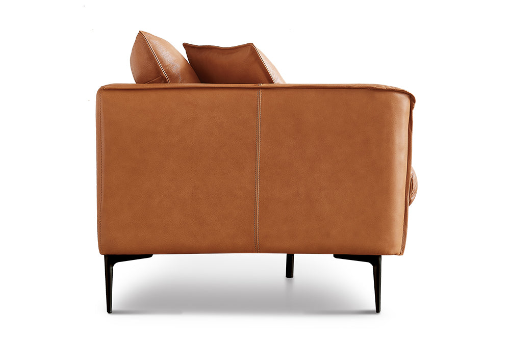 Left-Side Back View of A Modern. Walnut Brown, Three Seats, Top-Grain Premium Leather Contemporary Sofa.