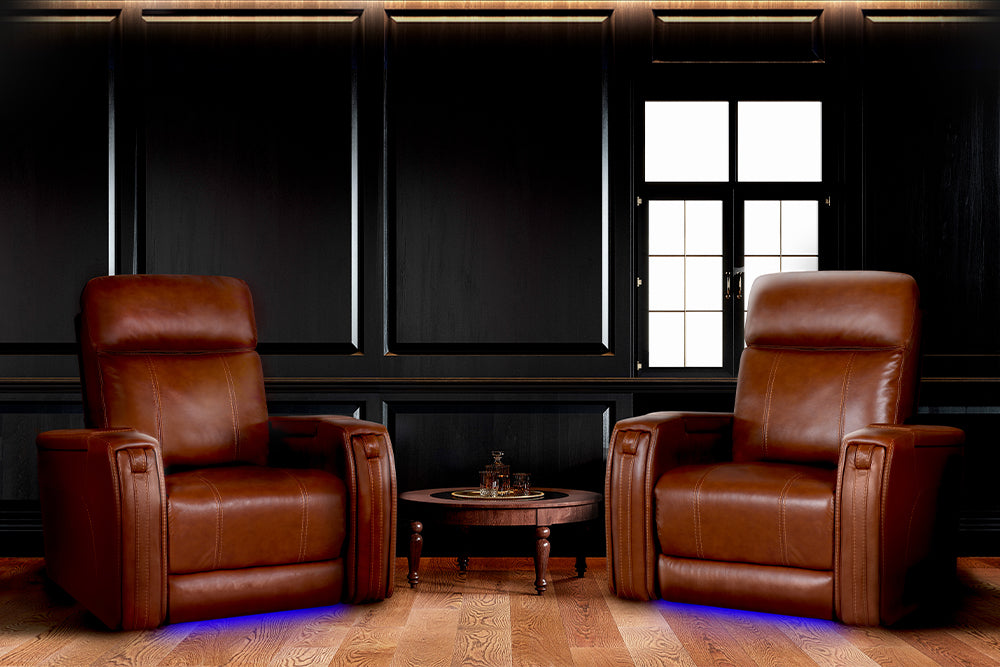 Two Luxurious, Walnut Brown, Single Seat, Italian Leather Recliner Chair in a Living Room.