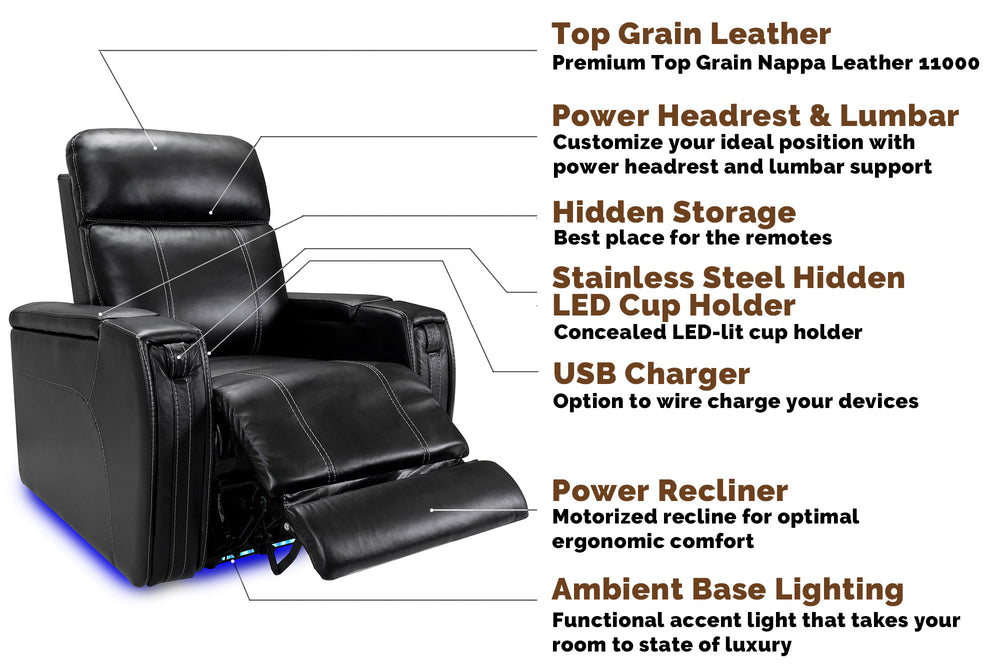 Left Angled Front View of Black, Single Seat, Italian Leather Recliner Chair with its Parts Instructions.
