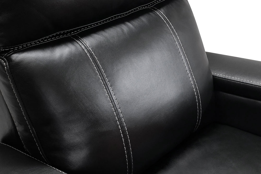 Power Lumbar Support Close-Up View of A Luxurious, Black, Single Seat, Italian Leather Recliner Chair.