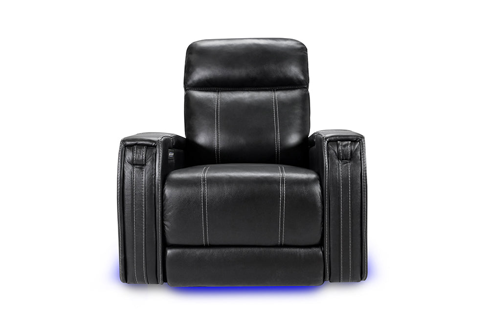 Straight Front View of A Luxurious, Black, Single Seat, Italian Leather Recliner Chair.