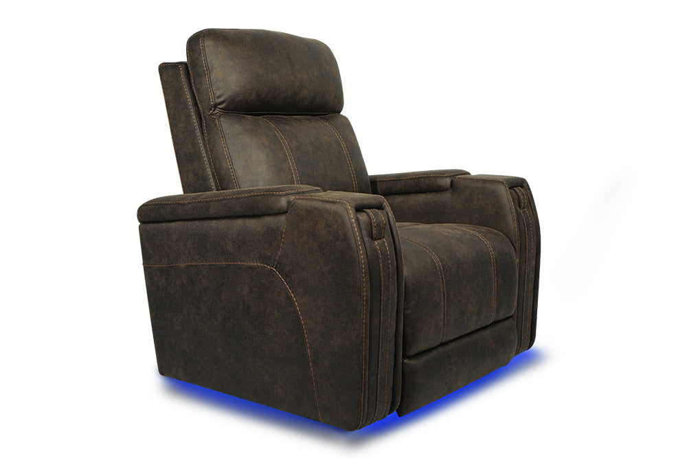 Left Angled Front View of A Luxurious, Walnut Brown, Single Seat, Italian Fabric Recliner Chair on a White Background.