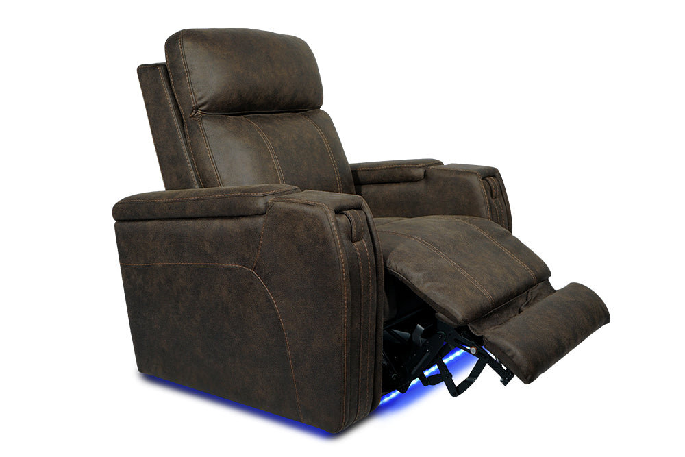 Left Angled Recliner On Front View of A Luxurious, Walnut Brown, Single Seat, Italian Fabric Recliner Chair on a White Background.