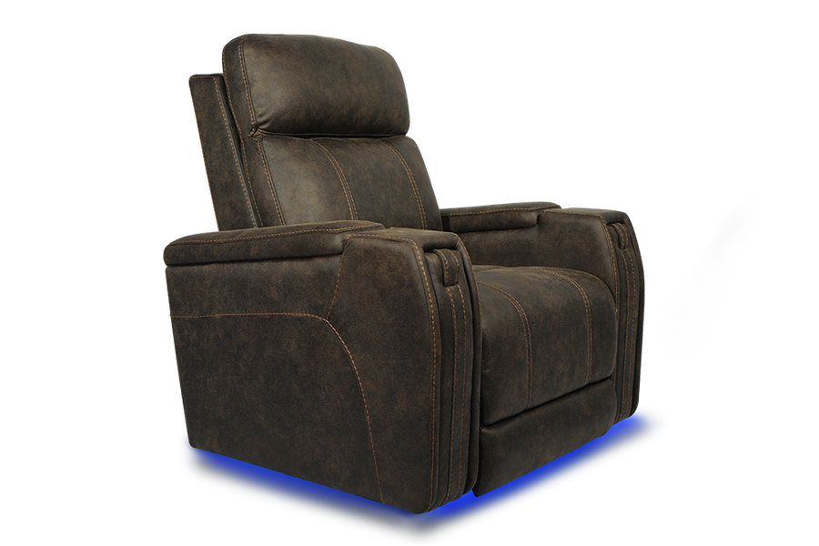 Left Angled Front View of A Luxurious, Walnut Brown, Single Seat, Italian Fabric Recliner Chair.