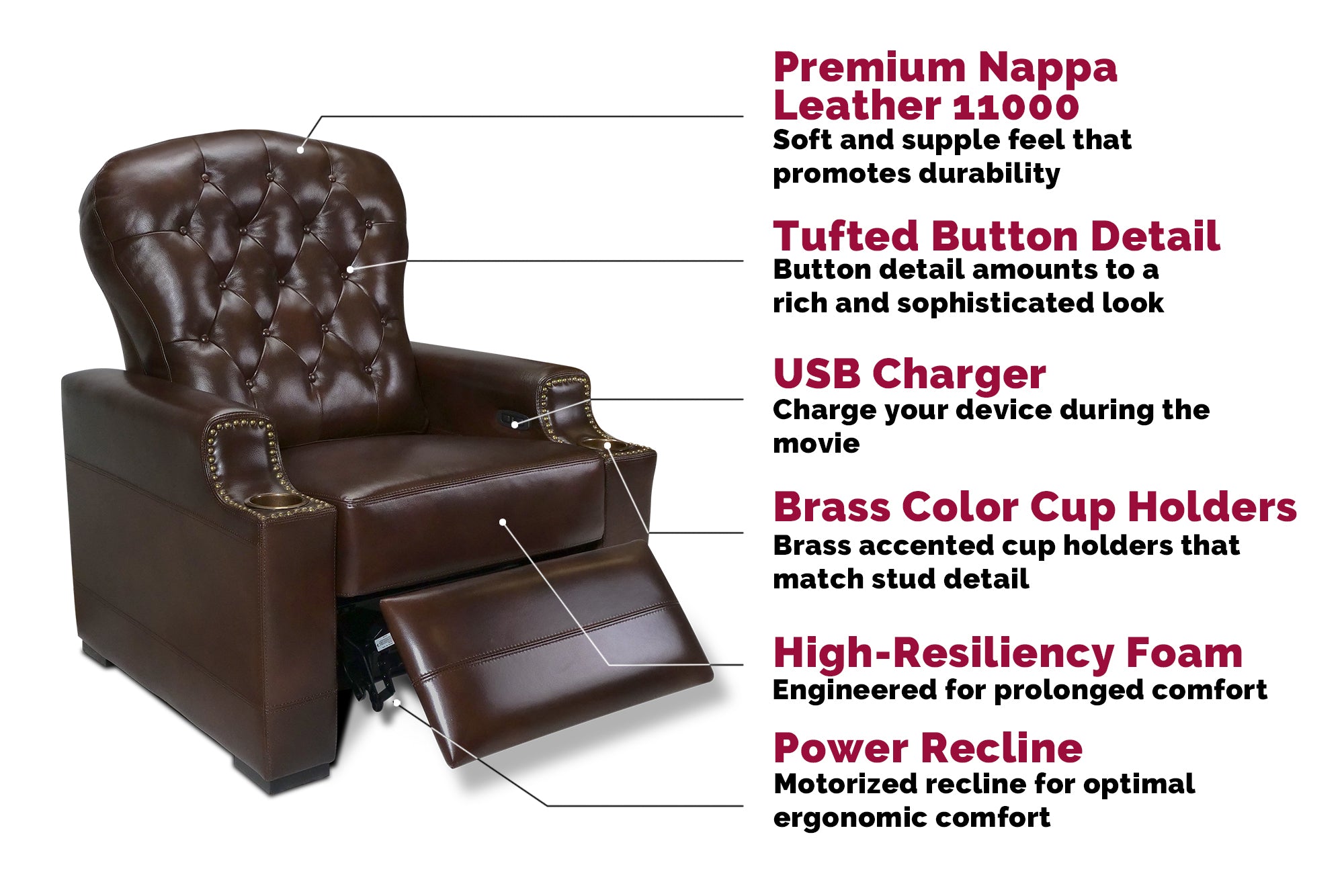 Left Angled Front View of Dark Chocolate, Single Seat, Italian Moulin Leather Recliner Chair with its Parts Instructions.