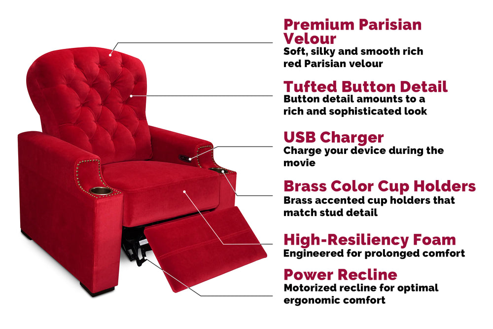 Left Angled Front View of Luxurious, Rich Red, Single Seat, Italian Moulin Velour Fabric Recliner Chair with Parts Instructions in a White Background.