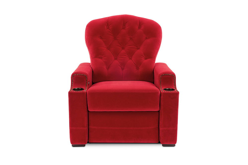 Straight Front View of A Luxurious, Rich Red, Single Seat, Italian Moulin Velour Fabric Recliner Chair in a White Background.