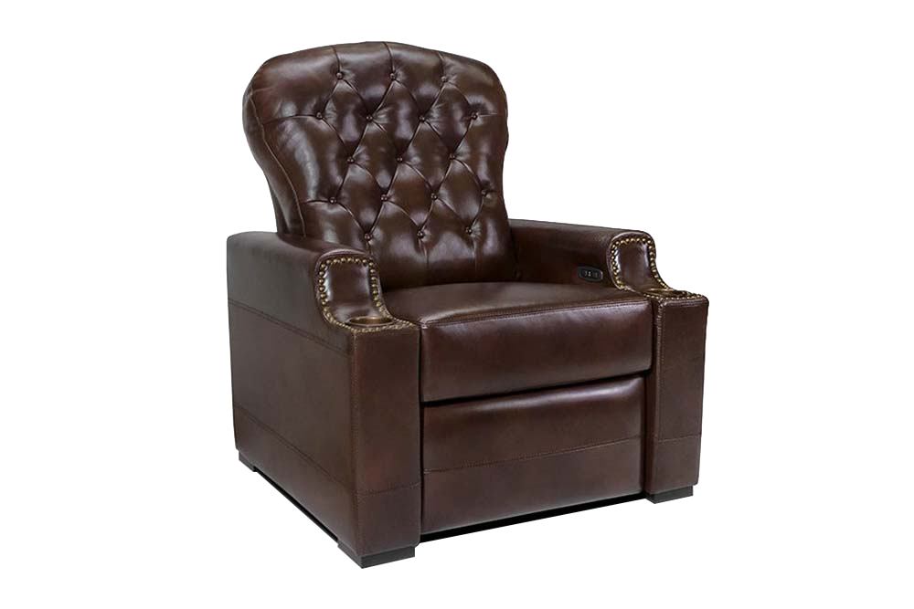 Left Angled Front View of A Luxurious, Dark Chocolate, Single Seat, Italian Moulin Leather Recliner Chair.