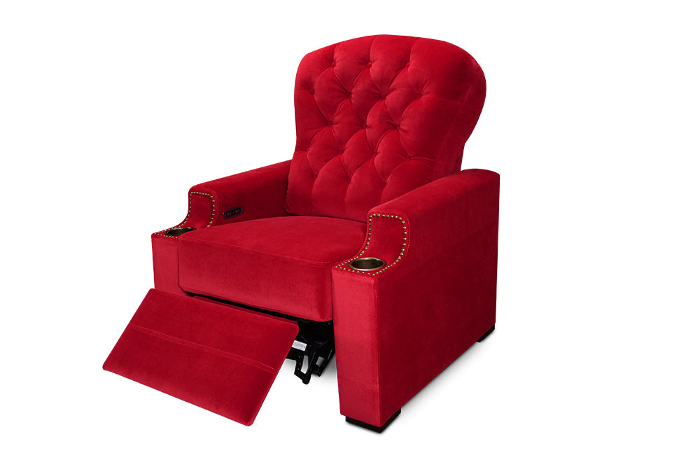Left Angled Recliner on Front View of A Luxurious, Rich Red, Single Seat, Italian Moulin Velour Recliner Chair in a White Background.