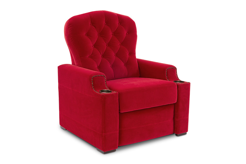 Left Angled Front View of A Luxurious, Rich Red, Single Seat, Italian Moulin Velour Recliner Chair in a White Background.