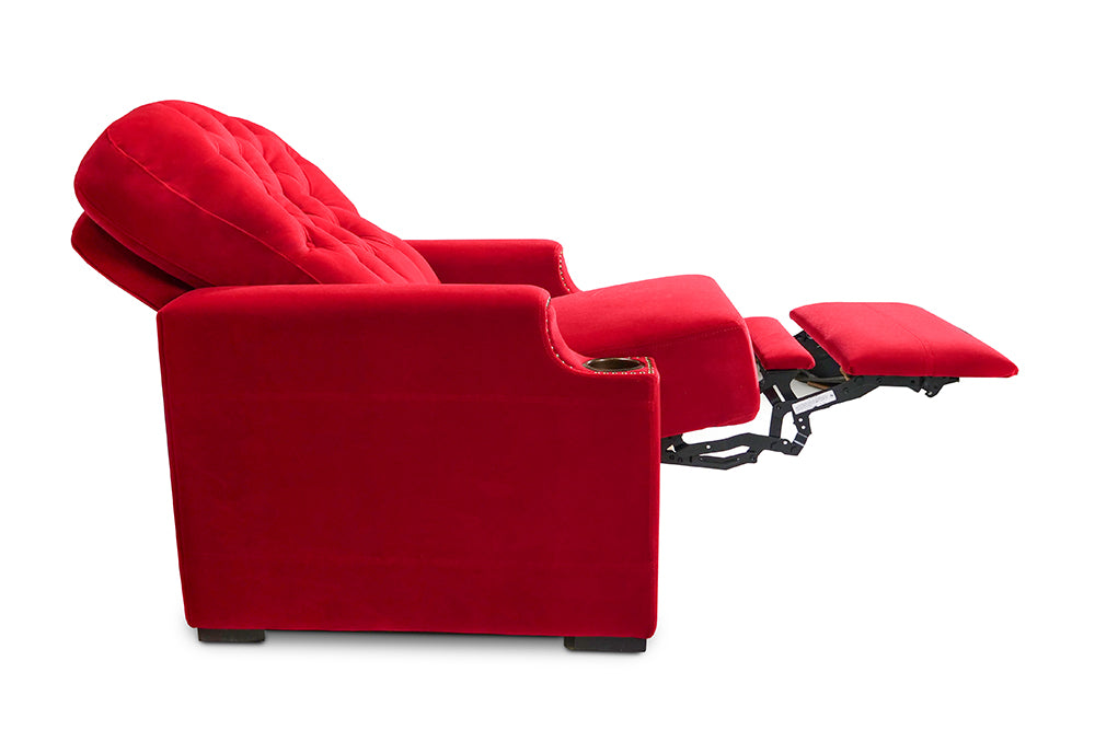 Left-Side, Recliner On Back View of A Luxurious, Rich Red, Single Seat, Italian Moulin Velour Recliner Chair in a White Background.
