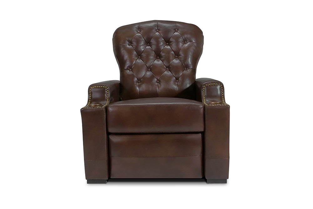 Straight Front View of A Luxurious, Dark Chocolate, Single Seat, Italian Moulin Leather Recliner Chair.